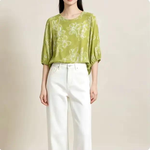 Chemise en soie de mûrier 100% à col rond, ample et polyvalente pour femmes, idéale pour le bureau et les journées printanières et estivales
