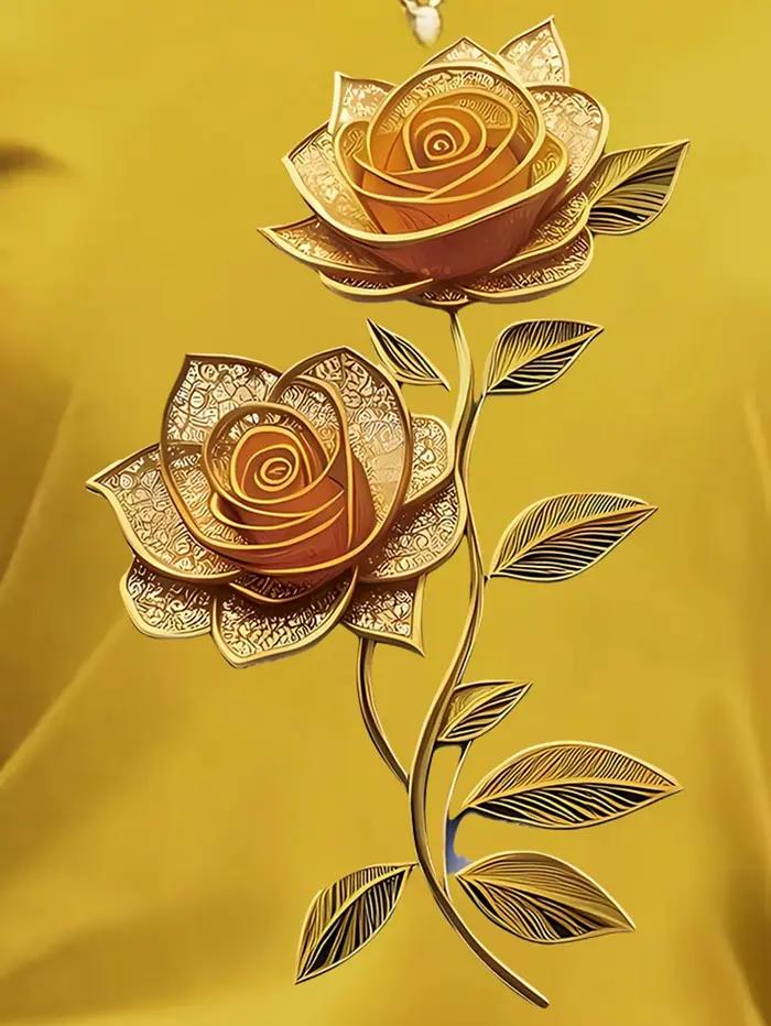 T-shirt jaune pour femme avec imprimé rose doré