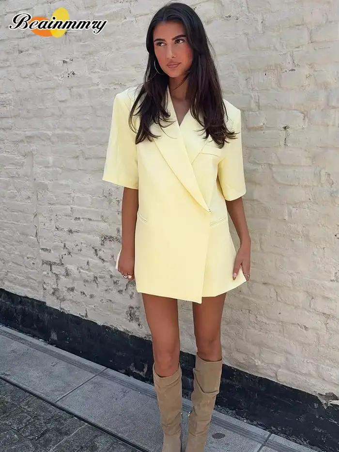Beurre jaune recadrée Blazers manteaux femmes mode revers ample demi manches veste été bureau dame trajet Streetwear 2025