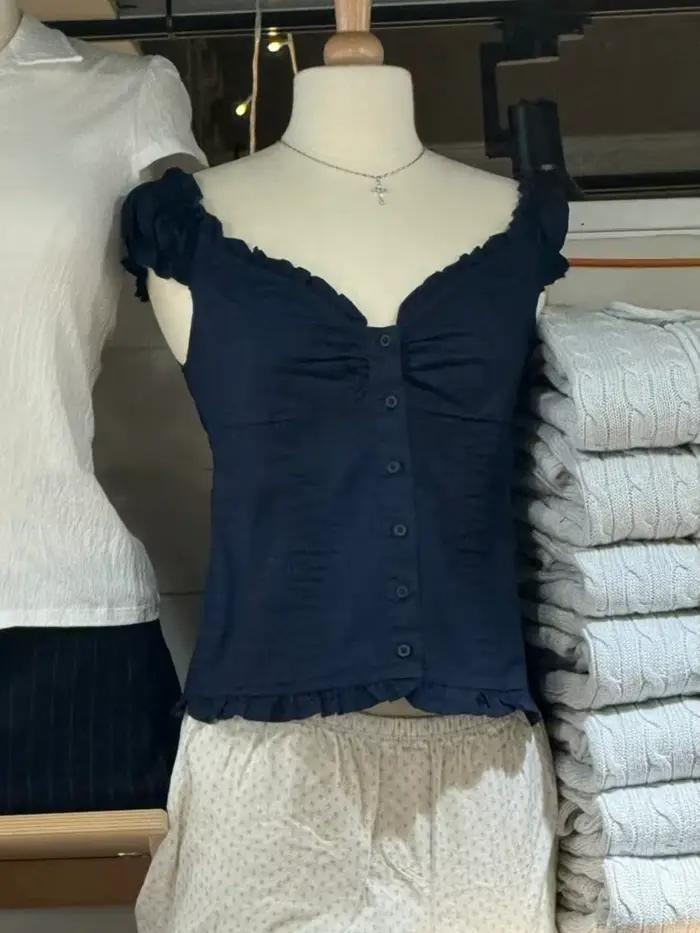 Bleu marine plis boutons Blouse haut femmes nouveau décontracté simple boutonnage à volants sans manches débardeurs gilet Vintage doux Preppy Style Camis