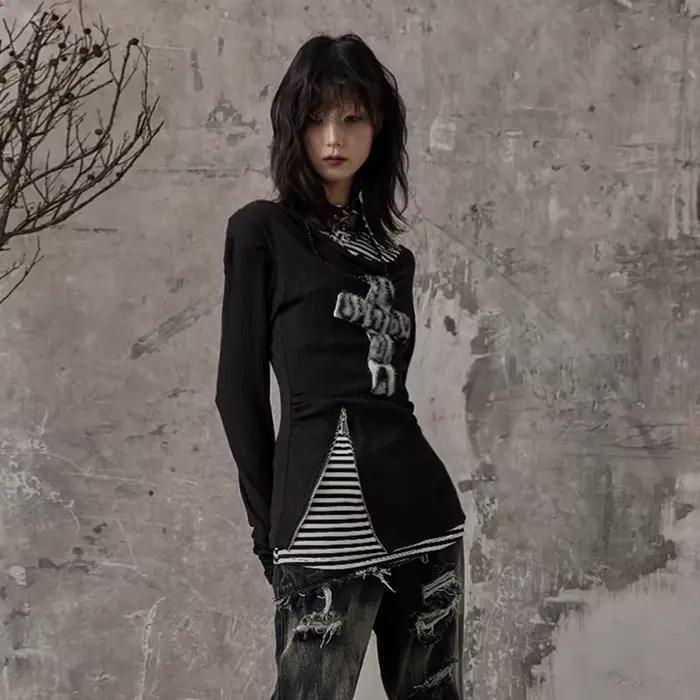 Karrcat Grunge esthétique faux deux pièces hauts Trashy Y2k à manches longues tricoté