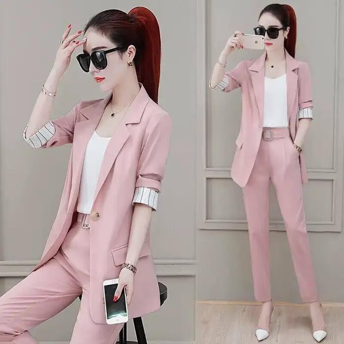 Costume deux pièces blazer et pantalon crayon pour femme, élégant et confortable, style bureau dame, couleur rose irritant, occasionnels spéciaux et tenues de bureau