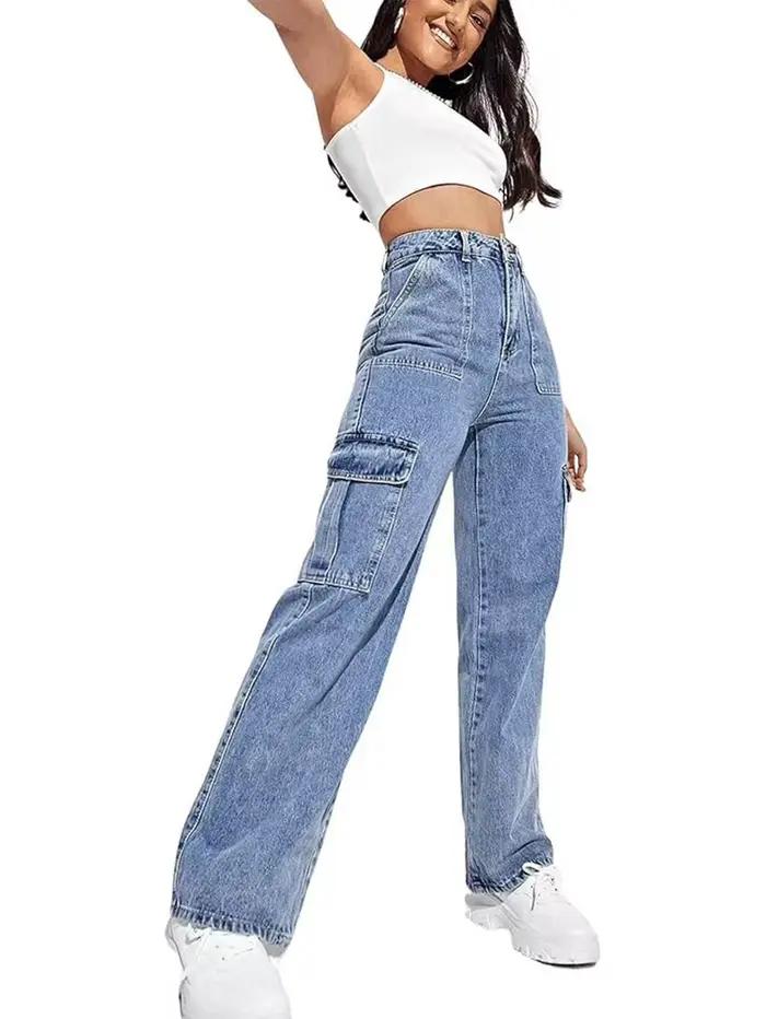 Jeans de travail multi-poches à taille haute pour femmes