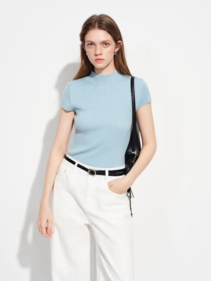 Pull en laine tricotée à col semi-montant uni pour femme FSLE Printemps 2026 - Coupe ajustée, manches courtes, haut simple pour le travail ou les occasions décontractées 