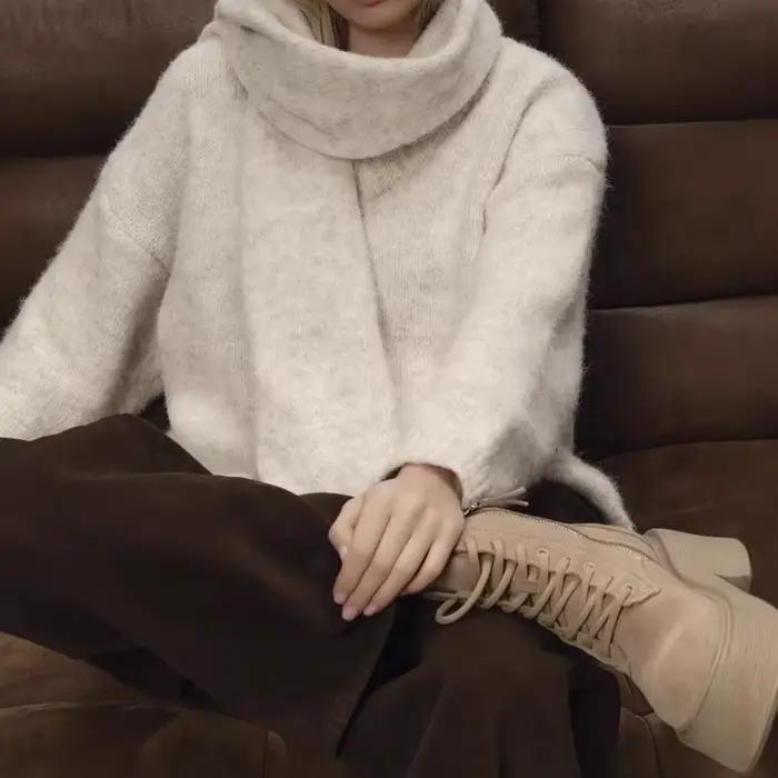 Pull ample bywindto en polyester pour femmes, style tendance, confort automnal et hivernal, haut et écharpe tricotés