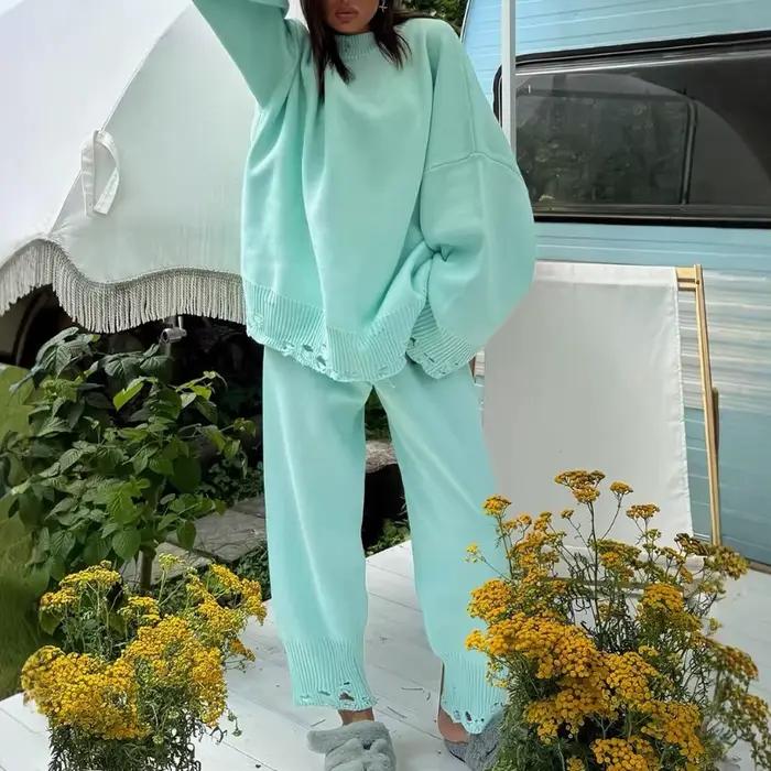 Ensemble pull à trous cassés pour femmes en polyester drap fin, col rond, style bureau, automne-hiver 2025 pour femmes occasions spéciales