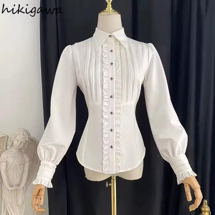 Blouse HIKIGAWA en coton et polyester avec volants, élégante et mince, pour femmes, occasions estivales et romantiques
