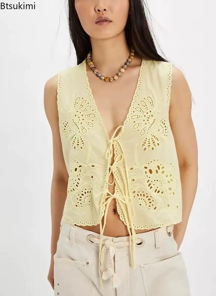 Débardeur brodé à nœud papillon pour femmes, haut court sans manches, col en V, style français, mignon, pour sorties d'été, Y2K