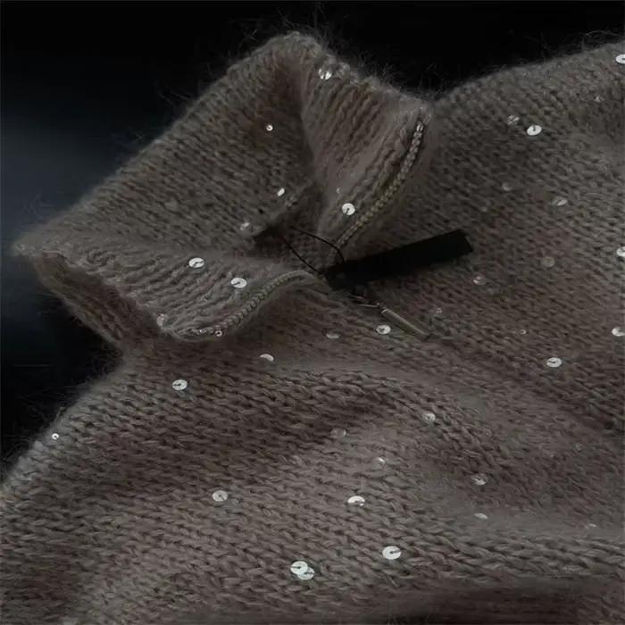 Paillettes tricot femmes pull élégant col montant Y2k manches longues chandails dame 2025 nouveau automne hiver femme veste tricots