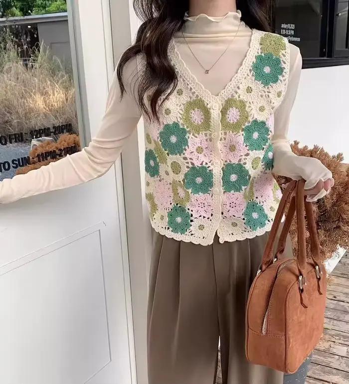 Haut en crochet Granny Square transparent pour femme style bohème occassions spéciales été printemps tricoté polyester ajustement confortable