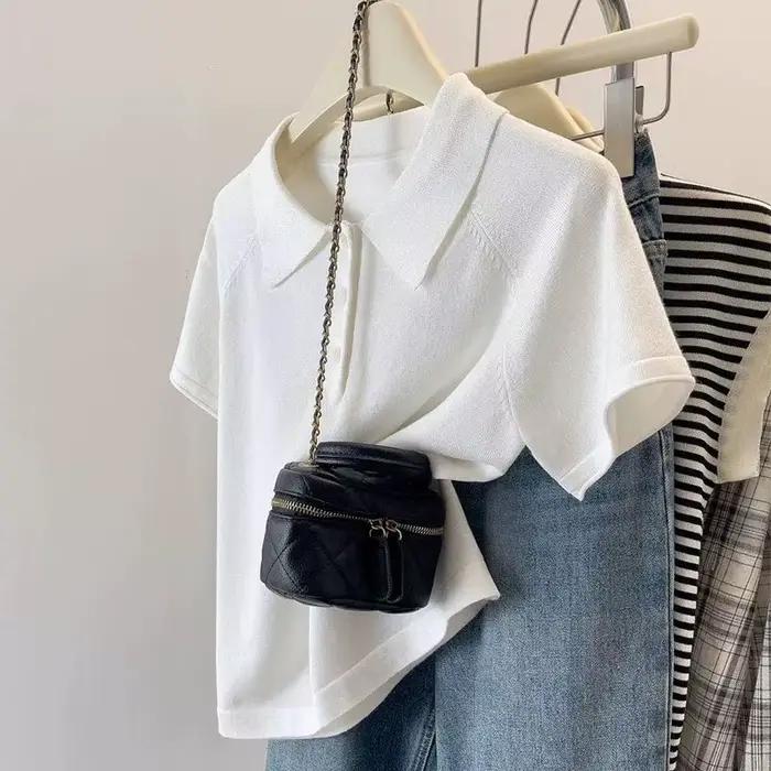 Pull à manches courtes en viscose solide pour femmes, col rabattu, style fashion, adapté pour les occasions professionnelles et la Saint Valentin