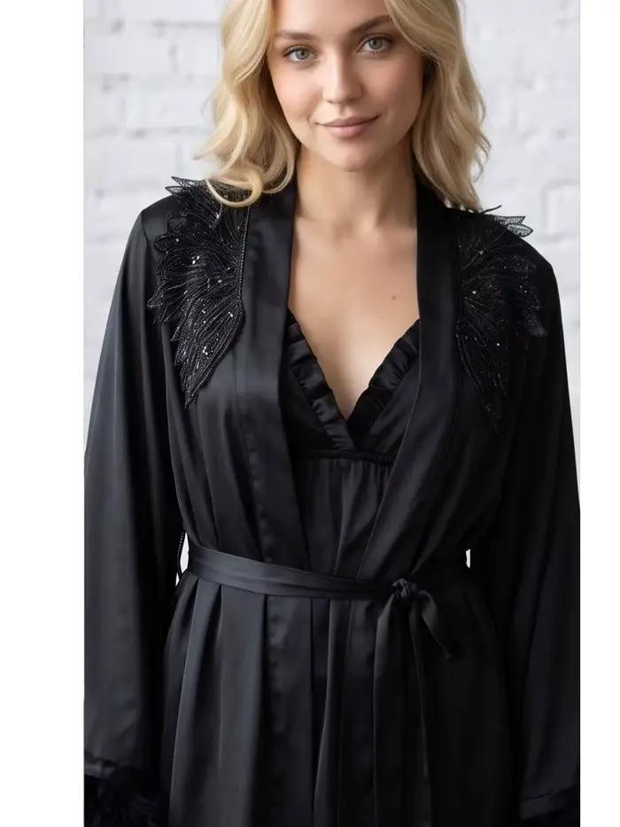 Robe Noire Luxe Avec Col Ailes D'Ange Et Plumes Détachables Pour Femmes Occasions Spéciales Soirées Gala Mariages
