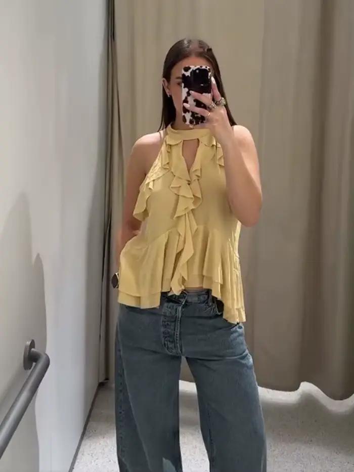 HH été femmes couches décoratives dentelle creuse licou cou haut femme nouvelle mode sans manches solide Chic élégant vacances hauts