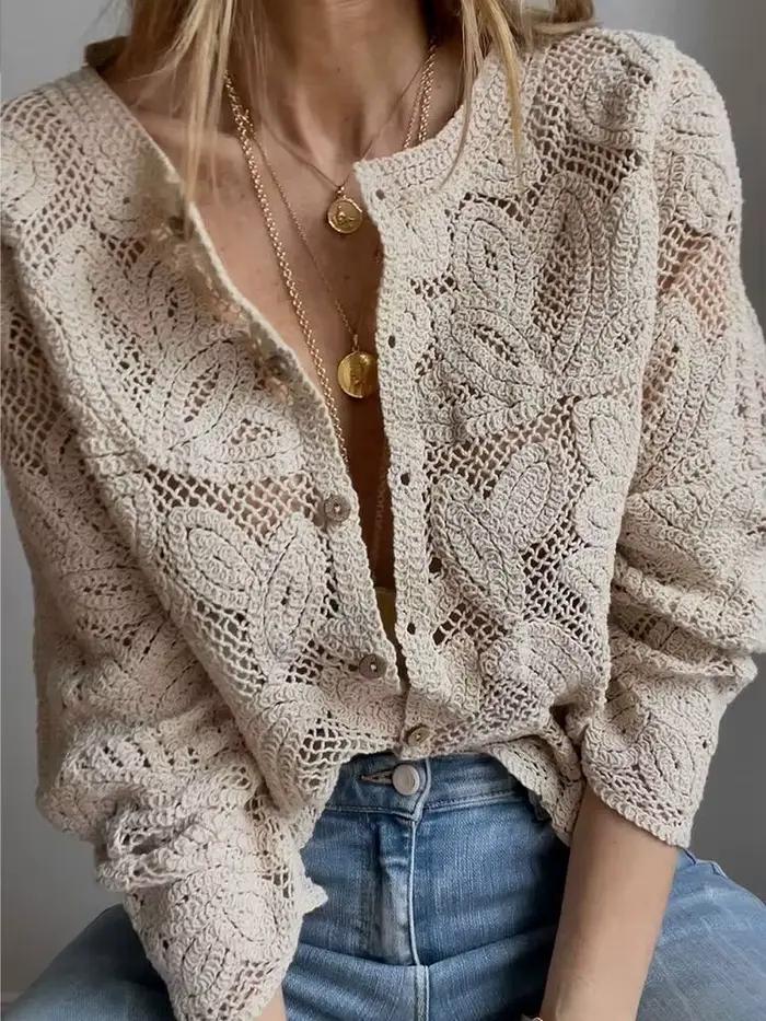 Élégant Beige décontracté évider chemises femmes Vintage crochet dentelle florale à manches longues bouton Blouse français hauts Blouses vêtements