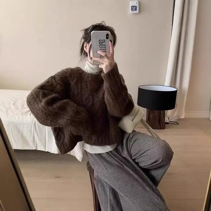 Pull épais pour femme, haut court torsadé marron