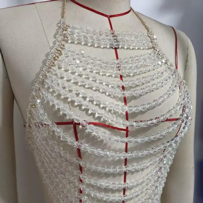 Gilet transparent multicouche à la main perles soutien-gorge chaîne culture sexy boîte de nuit danse costume gilet poitrine corps bijoux femmes printemps été