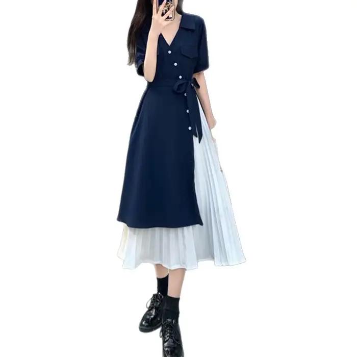 Robe midi femme été 2025 style français taille haute manches courtes coupe longue confortable décontractée pour le quotidien