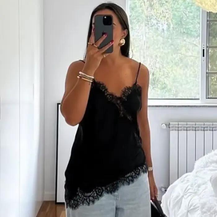 HXAO asymétrique haut à bretelles femmes été 2025 Y2K débardeurs et Camis dentelle noir épaules dénudées