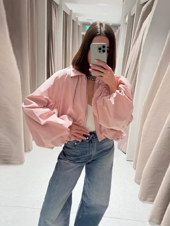 Blouson bomber court pour femmes avec manches lanternes, col rabattu, coupe slim, polyester et lin, pour toutes les saisons, mode urbaine, occassions spéciales