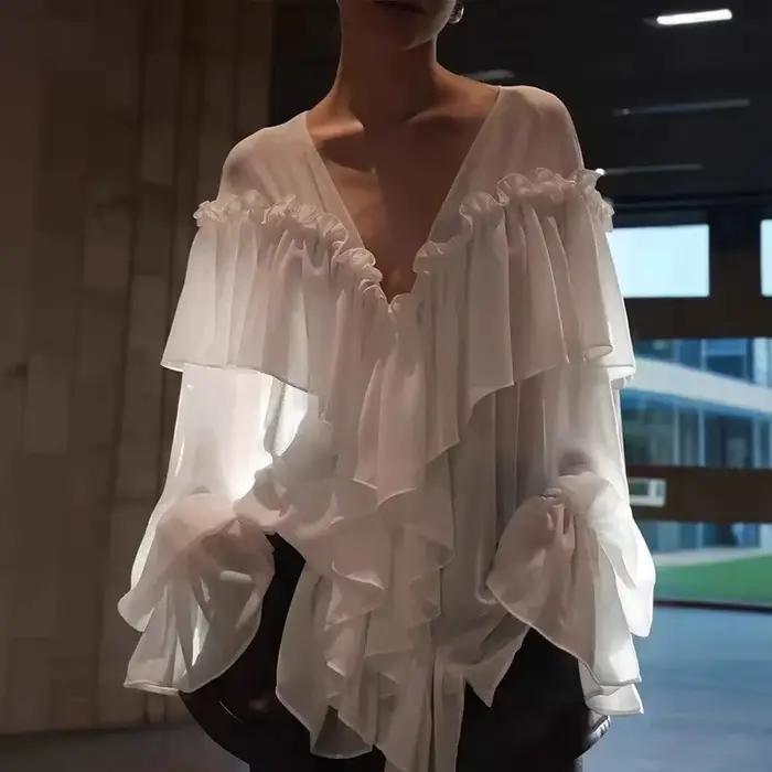 Talenza chemise en mousseline de soie blanche femmes été col en v Sexy voir à travers