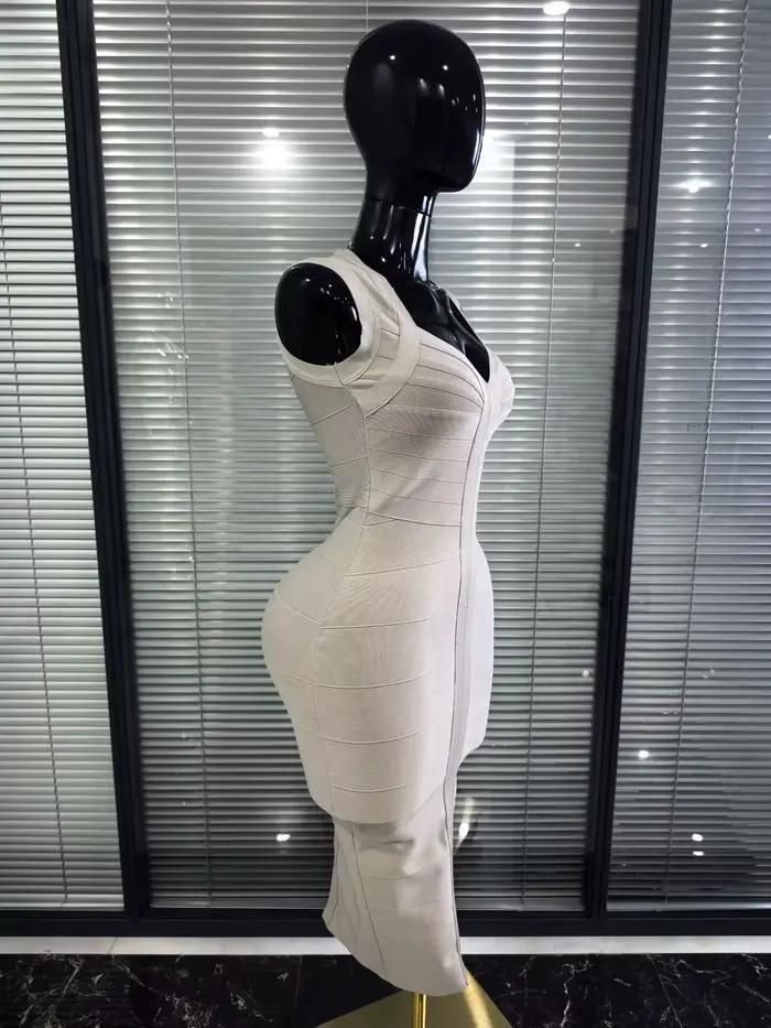Robe moulante mi-longue sexy sans manches à col en V couleur kaki pour femme
