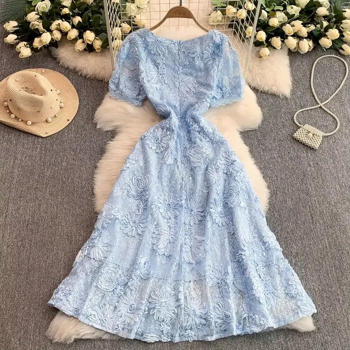 Luxe femmes été broderie dentelle perles col carré à manches courtes mode élégant décontracté fête vacances robes