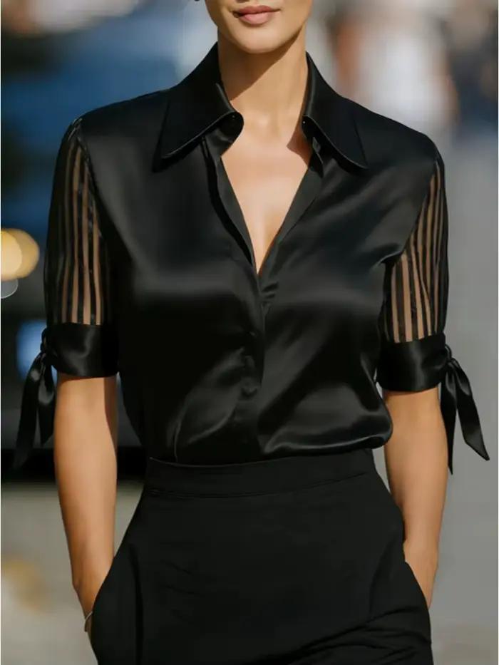 Chemisier en satin pour femme avec panneau transparent rayé et poignets à nœud papillon