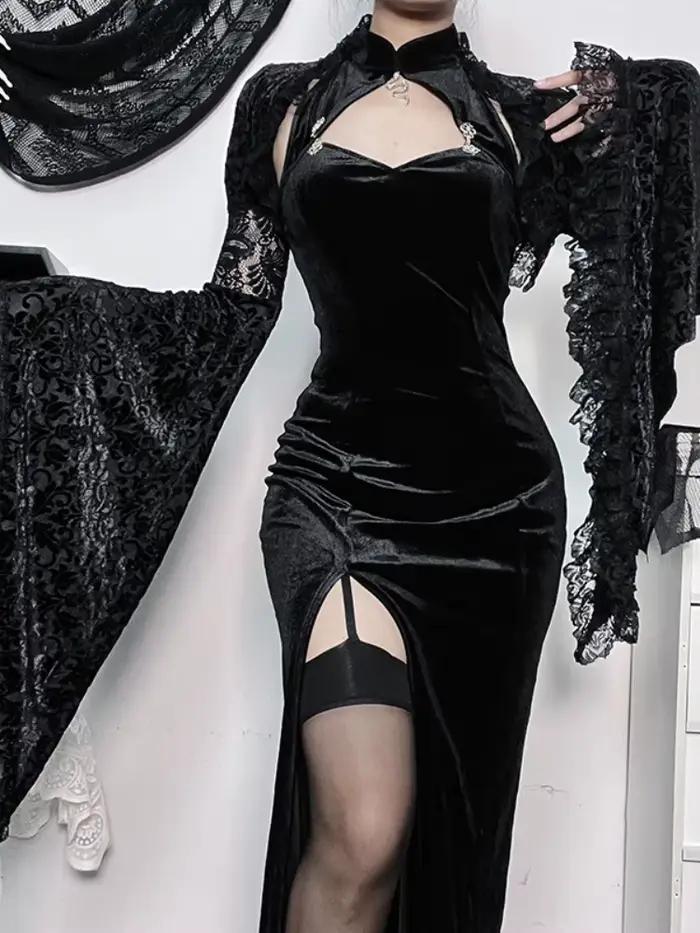 Demi-chemise en velours à manches évasées pour femmes, blouse en dentelle évidée, manteau de style palais, couverture punk