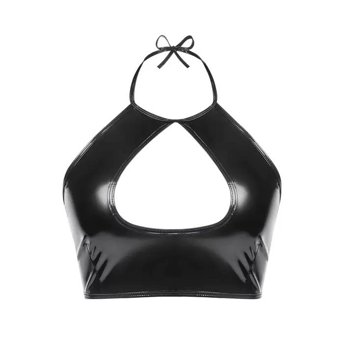 Haut sexy en cuir verni souple à haute brillance col licou gilet en cuir PU frais et doux sangle licou poitrine ajourée gilet chaud pour femmes occasions spéciales