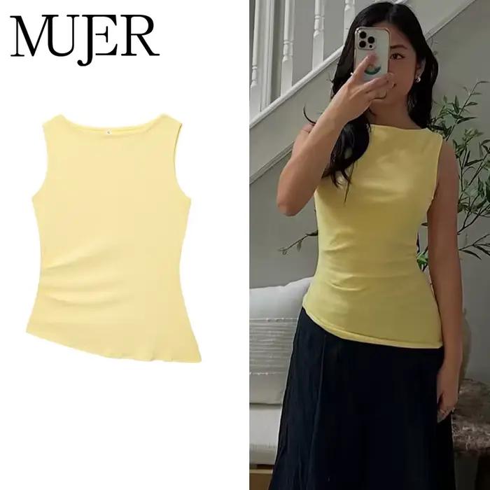 MUJER jaune froncé haut femme asymétrique débardeurs hauts pour femmes 2025 été