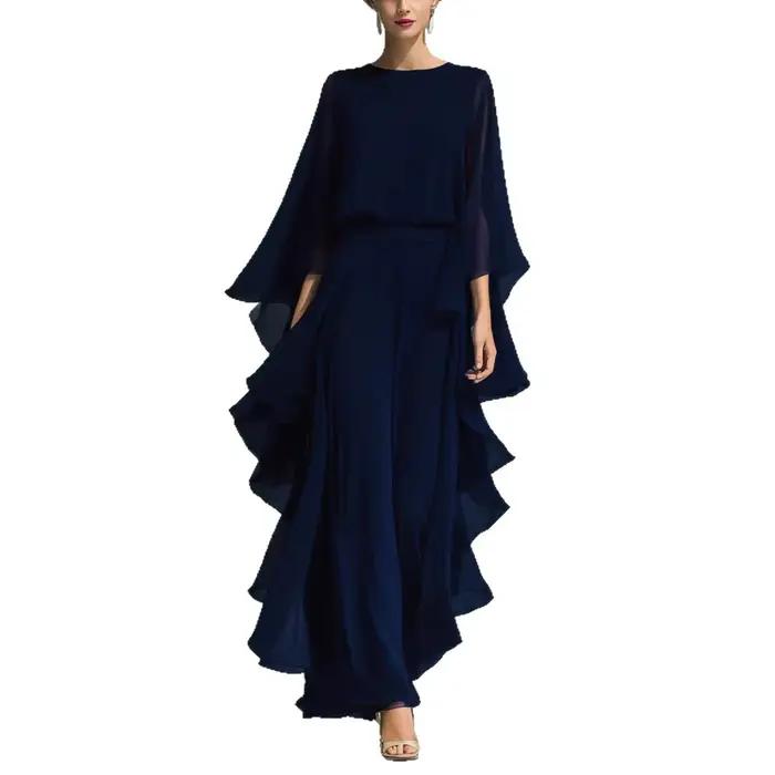 Ensemble haut en mousseline bleu marine et pantalon droit évasé pour femme 2026 avec détail volanté