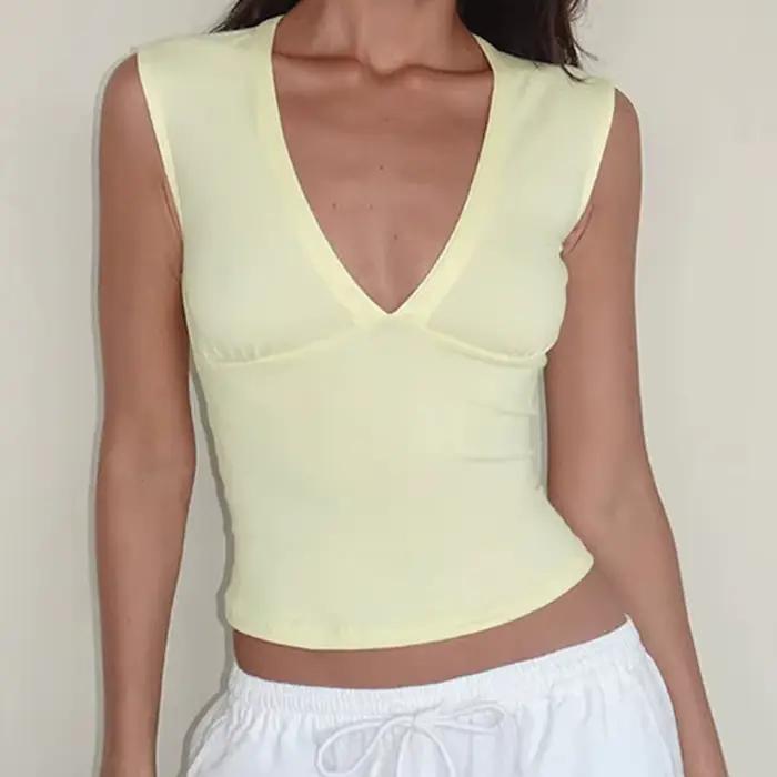 Débardeur court moulant uni pour femme style coquette décontracté décolleté en V profonde tendance estivale sorties