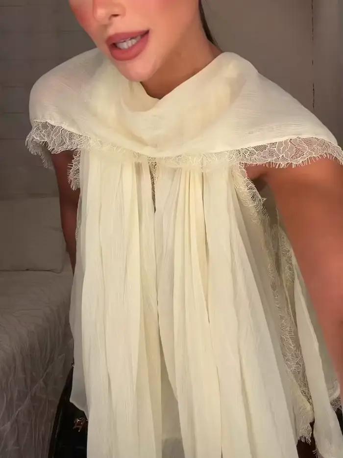 Chemisier en mousseline de soie à empiècements en dentelle sans manches coupe ample chic pour femmes vacances d'été 2026 style décontracté élégant occassions spéciales
