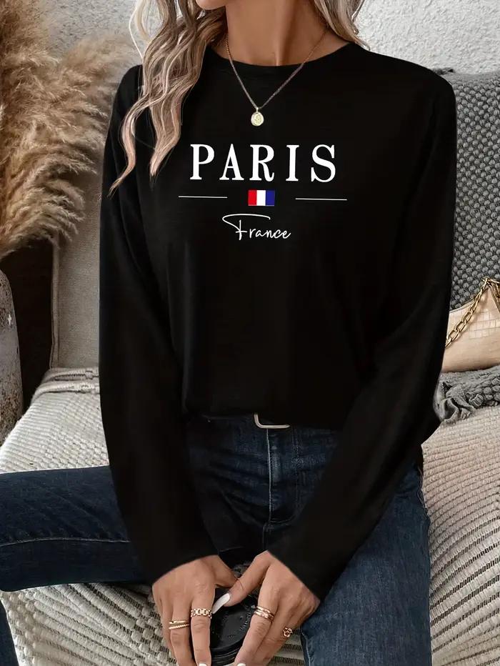 Paris femmes été imprimé surdimensionné ample décontracté col rond à manches longues T-shirt haut mode Streetwear