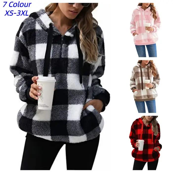 Sweatshirt à carreaux pour femmes style rétro, décontracté, coupe ample, doublure en coton, polyester léger, automne-hiver, pour bureau et occasions spéciales