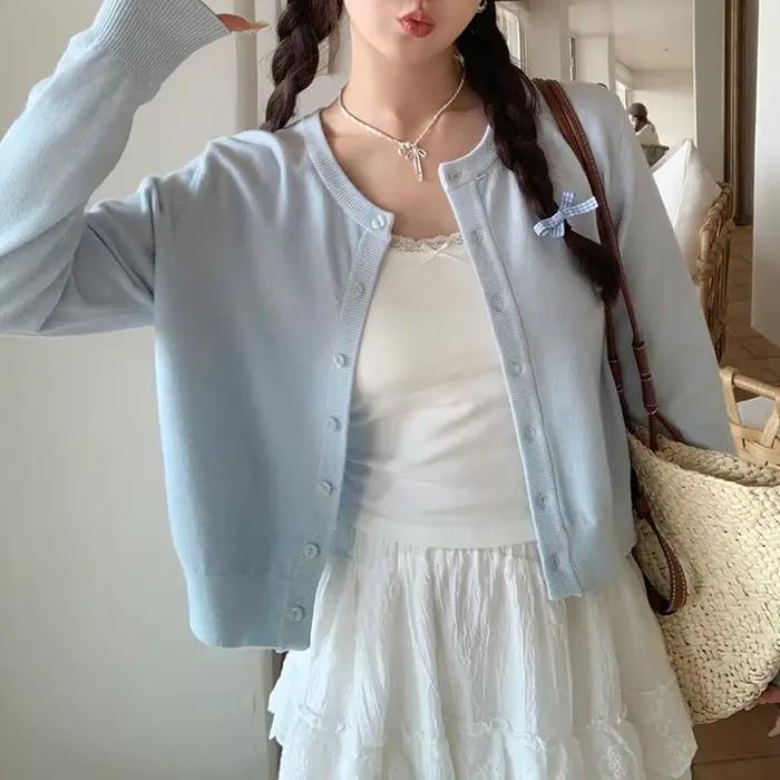 Cardigan en viscose et polyester, col rond, pour femmes, polyvalent pour printemps et automne, occasions spéciales et cadeaux romantiques