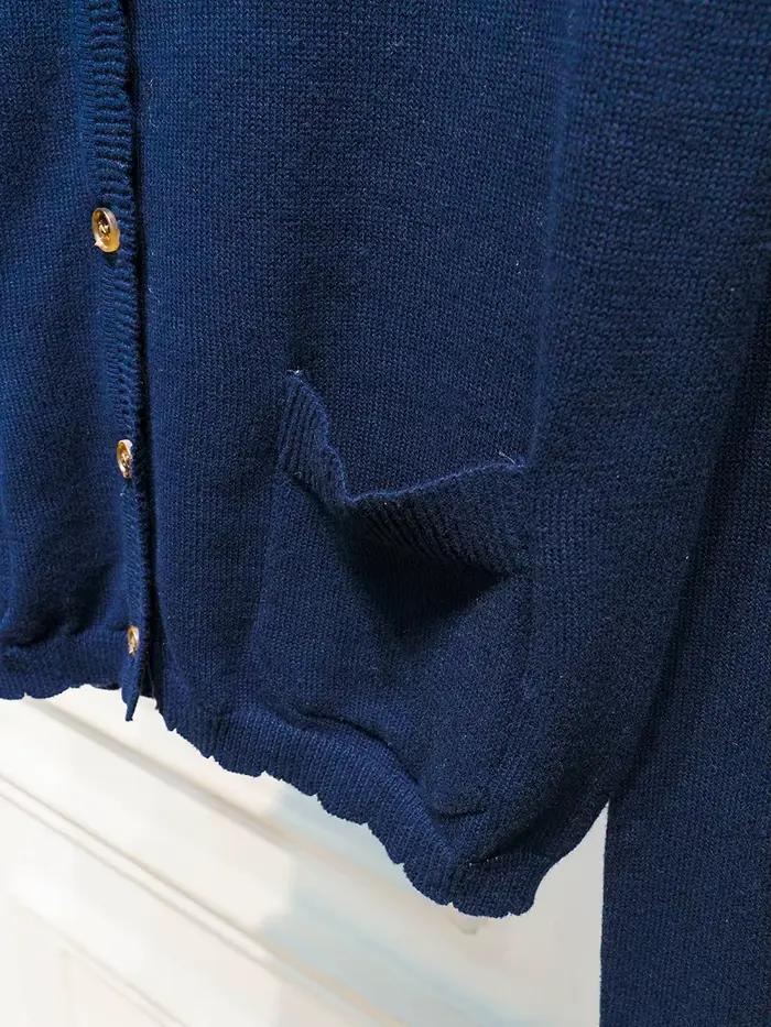 Bleu marine poche tricot pull manteau femmes automne dentelle garniture cou bouton décontracté solide