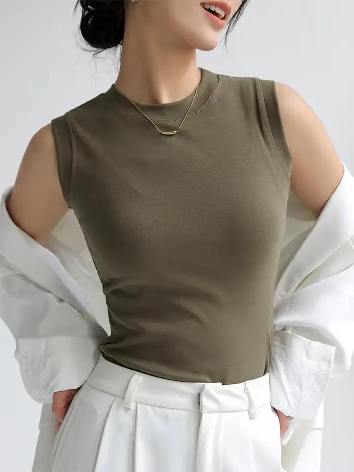 Camisole gilet pour femmes coton col rond coloré basique sans manches maillot de corps hauts t-shirts avec couverture pour décolleté latéral