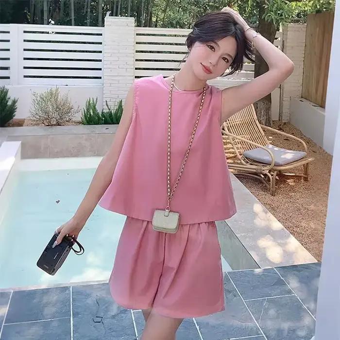Ensemble décontracté 2 pièces pour femme : débardeur sans manches et short large rose uni