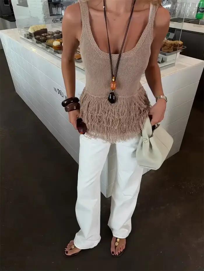 Haut pour femme Été 2026 Nouveauté Camel Sans Manches à Paillettes Style Vacances Sexy Tendance Unique High Street