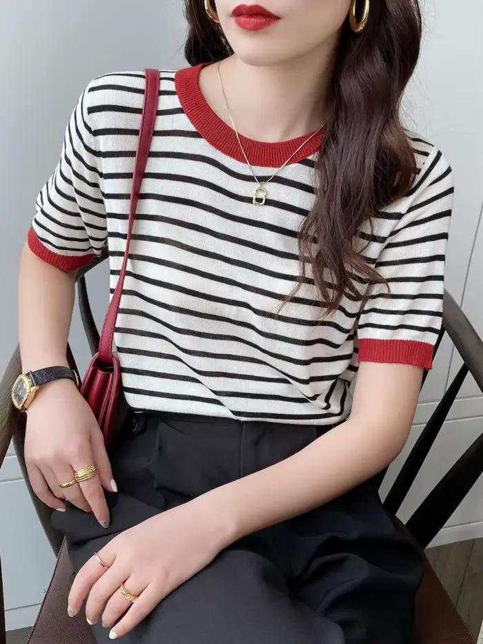 T-shirt décontracté à rayures pour femme junior, style bureau dame, été, coton polyester, taille unique, confort élastique, occassions spéciales