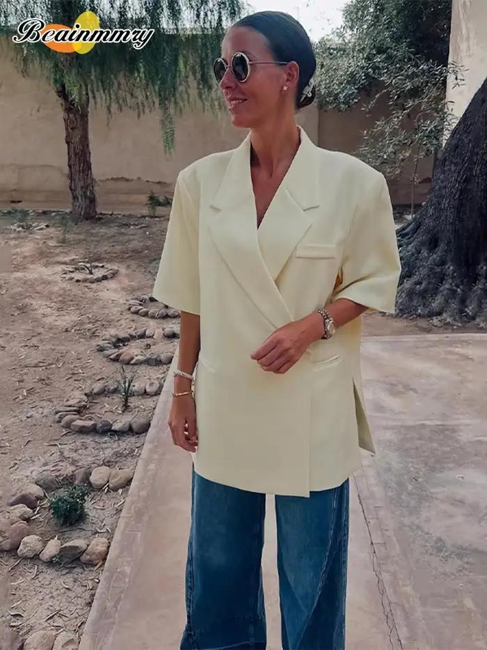 Beurre jaune recadrée Blazers manteaux femmes mode revers ample demi manches veste été bureau dame trajet Streetwear 2025