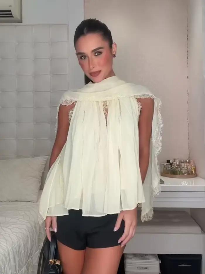 Chemisier en mousseline de soie à empiècements en dentelle sans manches coupe ample chic pour femmes vacances d'été 2026 style décontracté élégant occassions spéciales