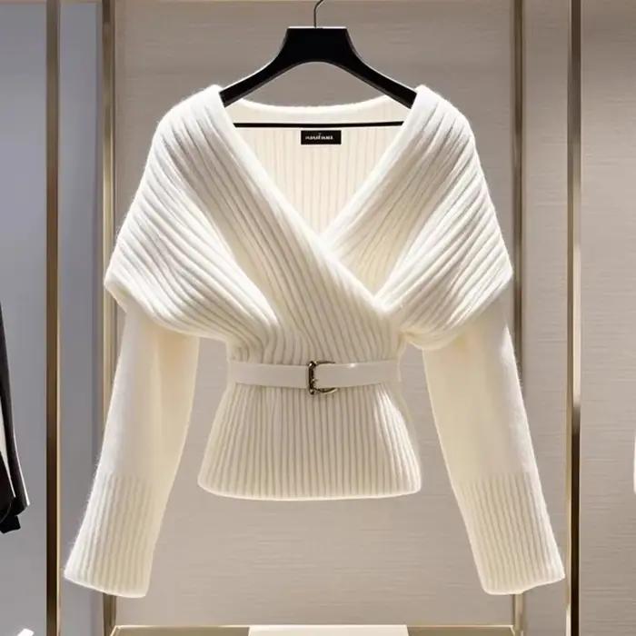 Femmes blanc tricoté pull Blouses mode col en v à manches longues nouveau haut Vintage doux luxe pulls