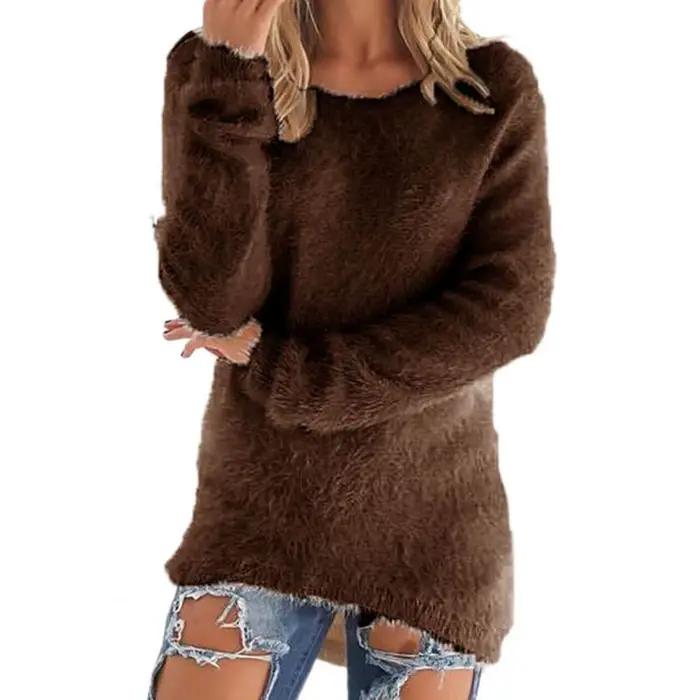 Femmes élégantes pull automne hiver coton mélange doux moelleux ourlet irrégulier tricoté