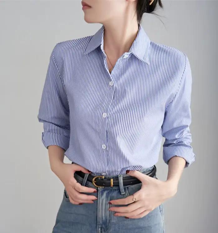 Chemise ample à rayures bleues pour femmes, décontractée, col polo, polyester, pour bureau et tenues casual, toutes saisons