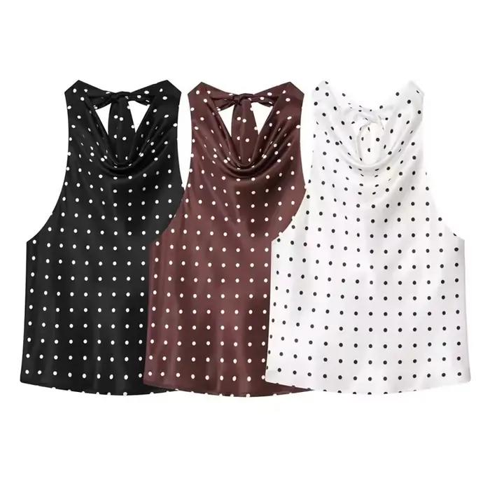 Haut à pois en satin tricolore avec nœud licou pour femmes élégantes et polyvalentes occasions spéciales