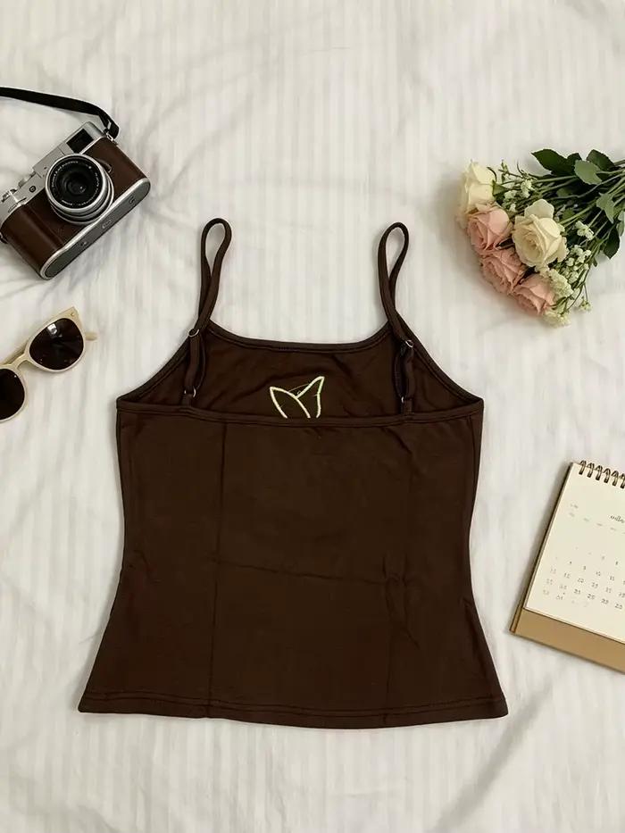 Débardeur Cami Marron Femme Tendance Y2K Vintage Décontracté avec Bretelles Fines Ajustables