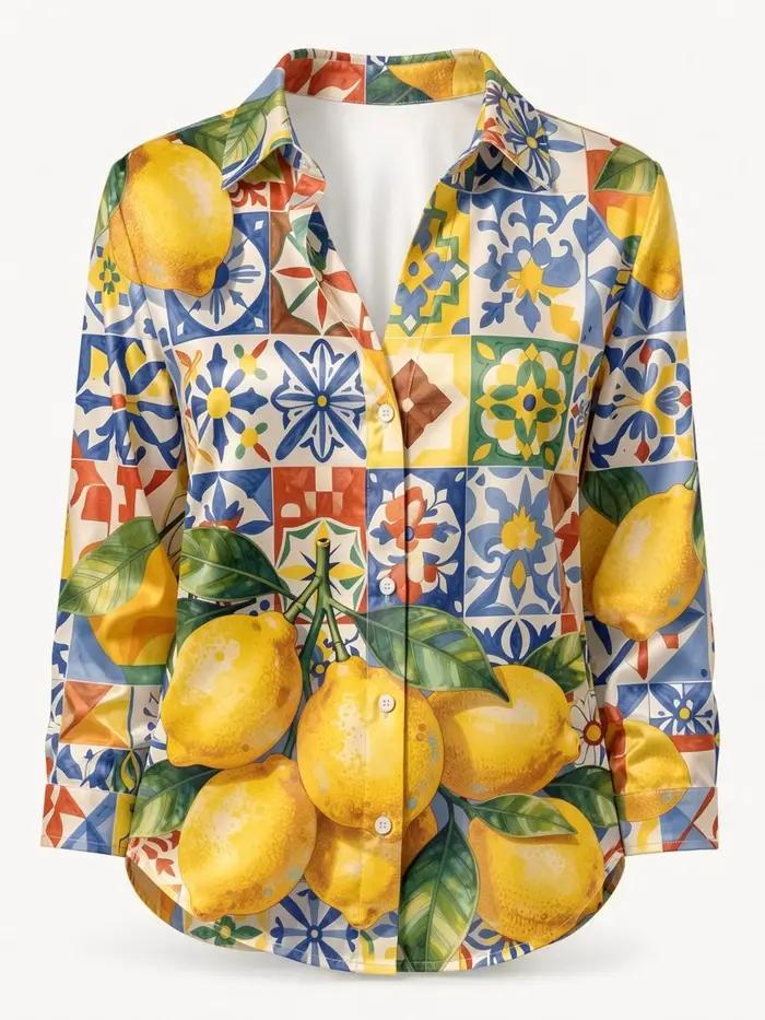 Chemisier satiné bleu jaune citron pour femme