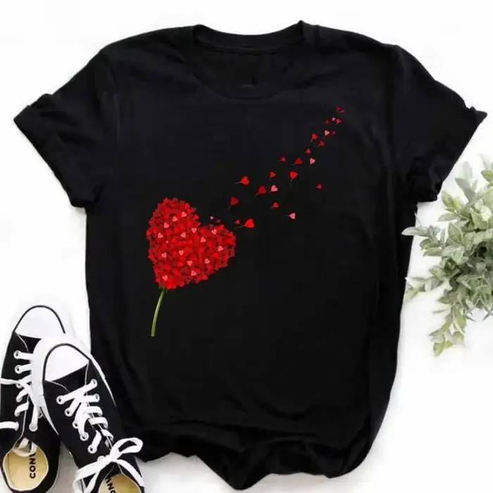 100% coton nouvel été amour fleur T-shirt bas chemise dessin animé grande taille à manches courtes haut femme Y2k